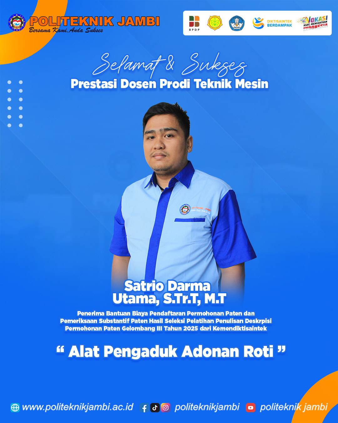 Dosen Prodi Teknik Mesin Politeknik Jambi Raih Bantuan Pendaftaran Paten dari Kemdiktisaintek