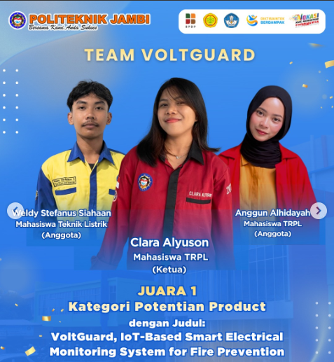 Mahasiswa TRPL Politeknik Jambi Raih Juara 1 Kategori Potential Product melalui Inovasi VoltGuard
