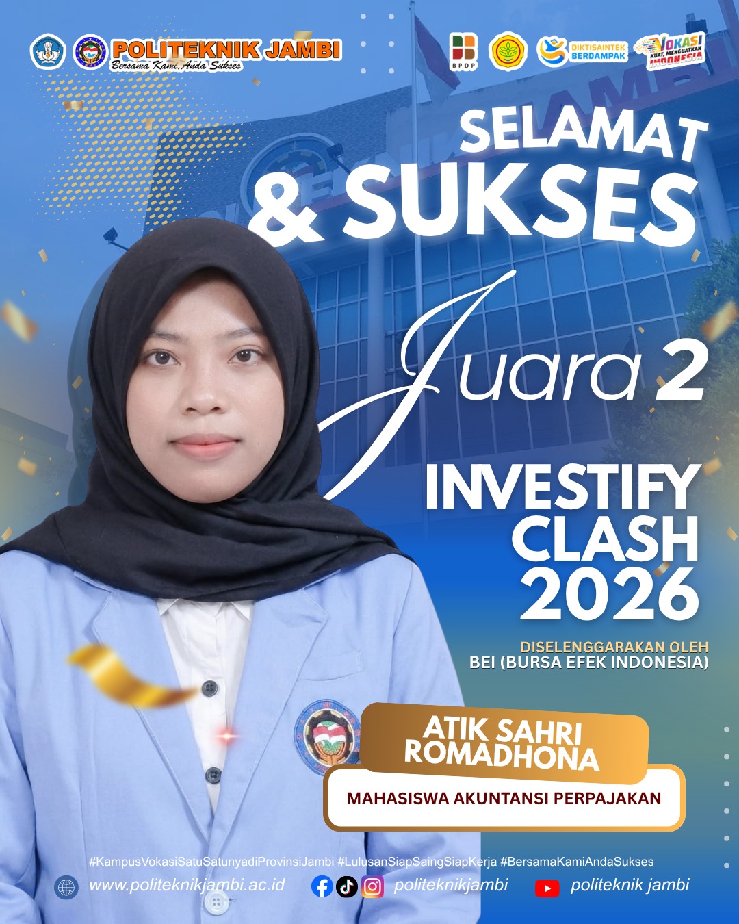 Mahasiswa Akuntansi Perpajakan Politeknik Jambi Raih Juara 2 Investify Clash 2026