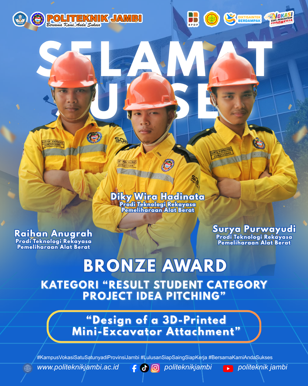 Mahasiswa Prodi Teknologi Rekayasa Pemeliharaan Alat Berat Politeknik Jambi Raih Bronze Award di Ajang Internasional