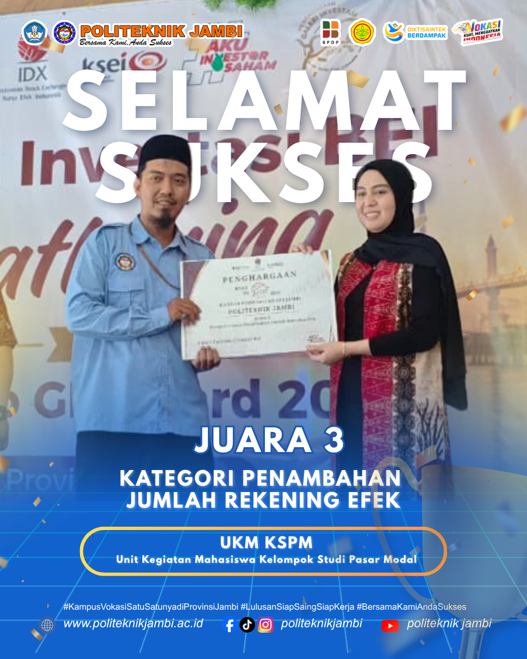 Unit Kemahasiswaan Kelompok Studi Pasar Modal Politeknik Jambi Raih 3 Prestasi di Galeri Investasi Award 2026