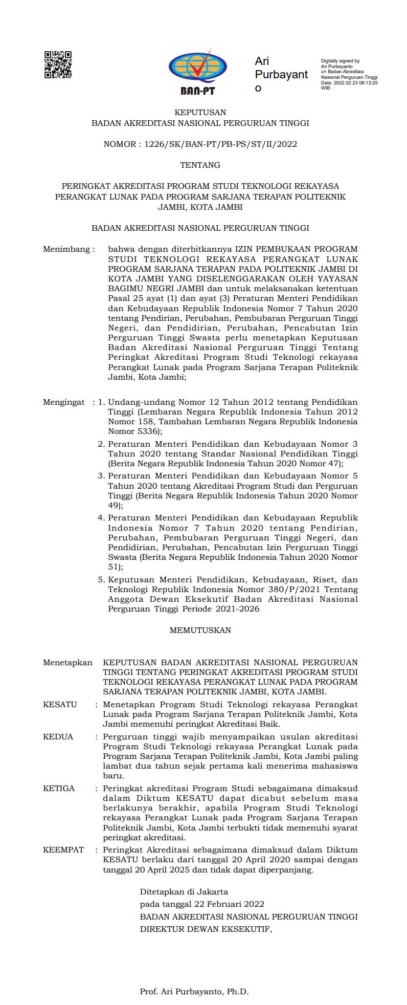 Surat Akreditasi TRPL BAN-PT